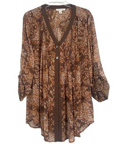 Coldwater Creek  Boho Button Up Tunic Top Cover Up Brown Sheer Pleated Size XL