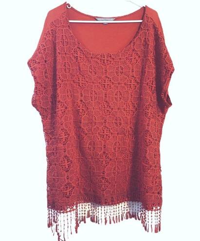 Valerie Stevens  Fiery Red Fringe Lace Overlay Top Blouse Plus 2X Boho Festival