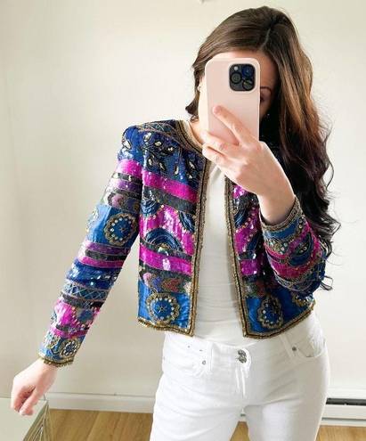 Vintage Blue  Pink Beaded Sequin Silk Blazer Jacket Mardi Gras sz Small