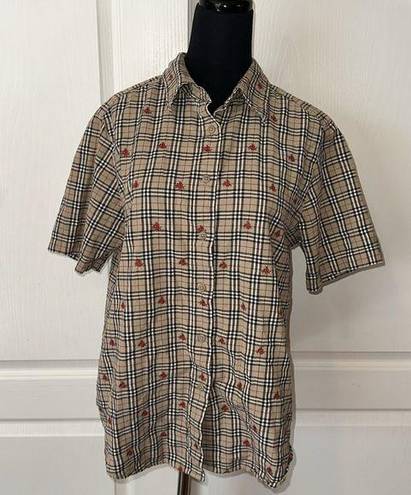 Polo VTG TAN & BLACK GINGHAM PLAID EMBROIDERED ROSE BUTTON UP 