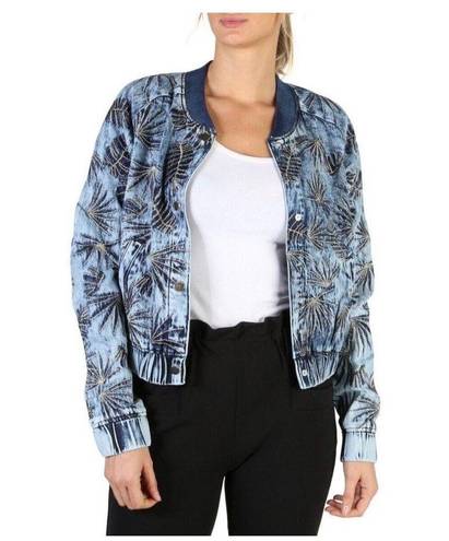 Guess Women's Burnished Denim Bomber Jacket Size XL Embroidered Palm Tropical