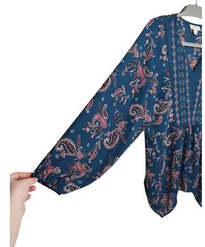 Style & Co  Womens Blue Long Sleeve Paisley Print Peasant Oversized Blouse Small