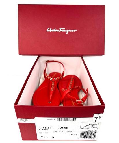 Salvatore Ferragamo  TAHITI CORAL LEATHER T-STRAP FLAT SANDALS SIZE 7.5 D