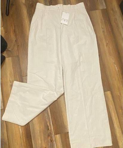 ZARA NWT  Womens Pleated  Pockets Cream Summer Linen Wide Leg Pants Sz XS