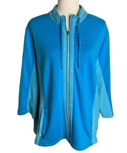 Chico's  Full Zip Athletic Sweatshirt L Blue Drawstring Neck Pockets Stretch