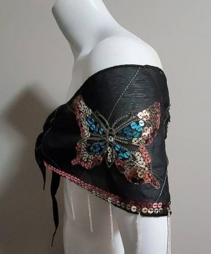 Boho Butterfly Sequined Shawl with Beaded Tassels Black