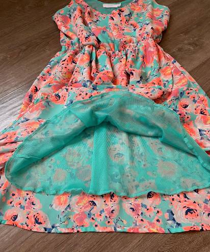 Lush Clothing Lush faux wrap mini dress spaghetti straps teal orange floral women’s size Small