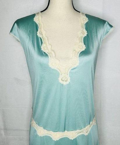 Vassarette  Long Teal Nightgown Lace Trim Sleeveless Made USA Vintage Size S