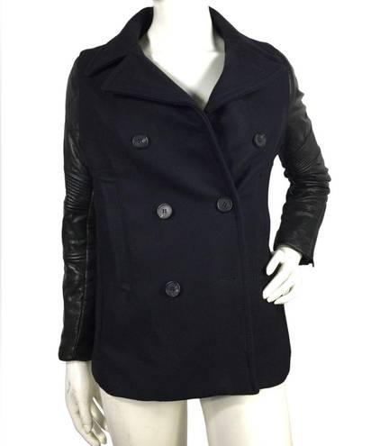 All Saints Zaskia Pea Coat Navy Wool Black Leather
Sleeves Double Breasted