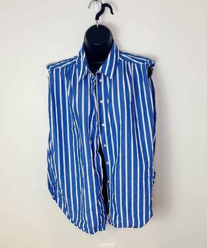 Mango  Womens Striped Organic Cotton Sleeveless Blouse Size Large Blue