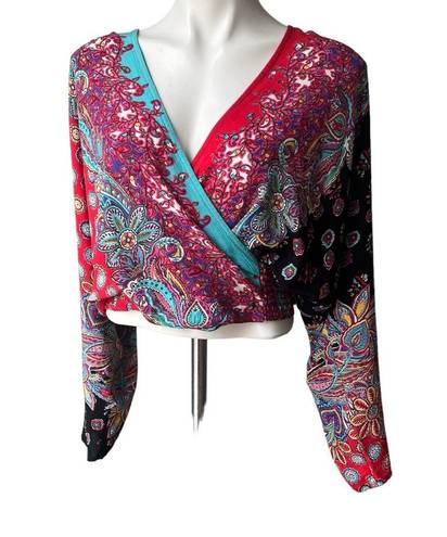 Carole Little  Paisley Boho Blouson Faux Wrap Dolman Sleeve Top, Sz 16