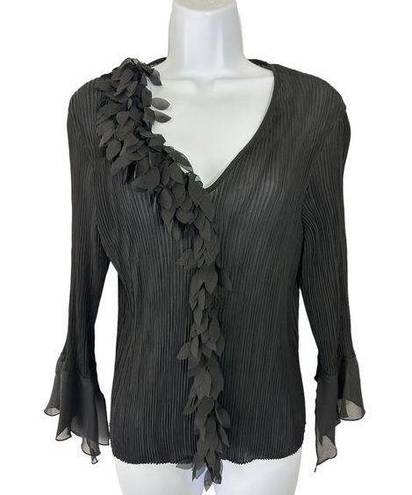 Petal JAIPUR Womens SZ L Sheer Autumn  Scrunch Long Sleeve Pleated Blouse Black