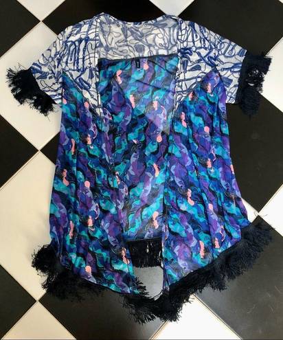 Maaji Bleu Saddles Fringe Kimono Swim Pool Coverup Horses Mermaid Purple Teal M