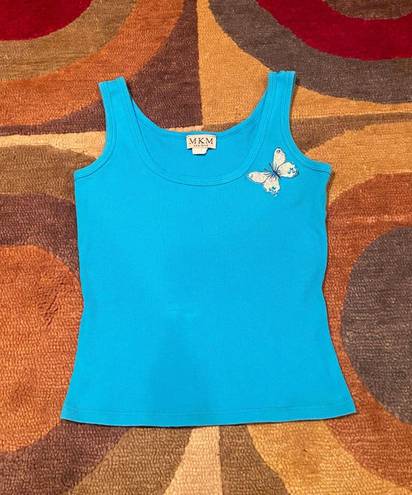 MKM Designs Aqua Blue y2k 90’s Vintage Retro Ribbed Tank Top Butterfly Sequins Small