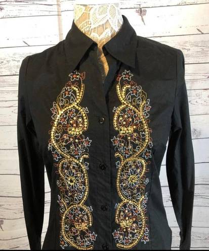 Coldwater Creek NWT  embroidery & sequence  black button down size XS