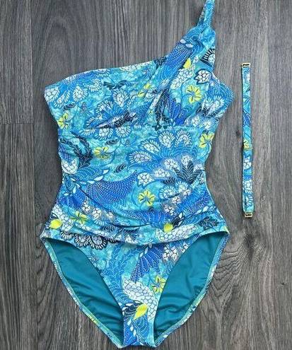 Bleu Rod Beattie Paradise Found One Shoulder One Piece Swimsuit Oahu Teal Size 6