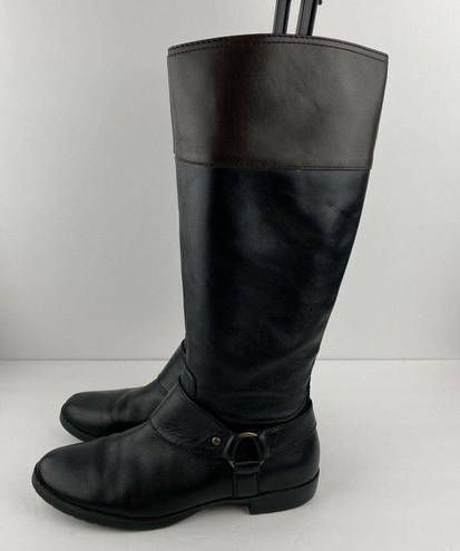 Ralph Lauren  Sulita Harness Riding Boots 8 Black Brown Leather Knee High Zip