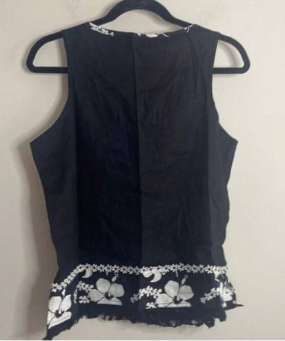 Oleg Cassini Linen Blend Black and White Floral Trim Sleeveless Top