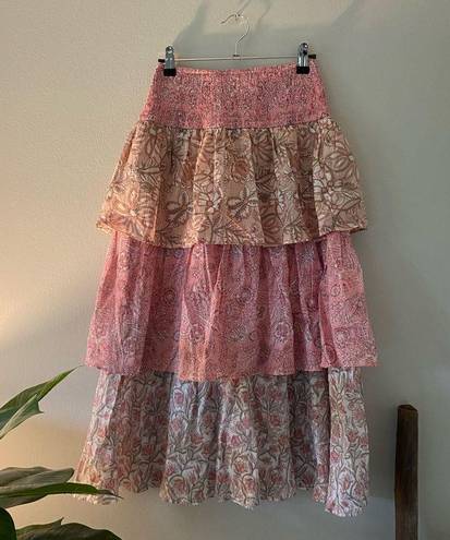 House of Harlow  Pink Paisley Floral Tiered Cotton High Waist Midi Skirt size XS