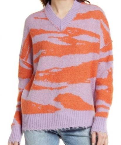 All Saints Tiga Abstract Stripe V-Neck Sweater in Lilac/Orange