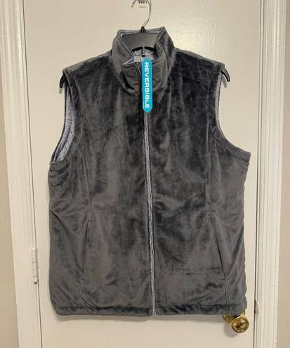 Free Country  Reversible Grey Fuzzy Puffer Vest Sleeveless Full Zip Jacket Large