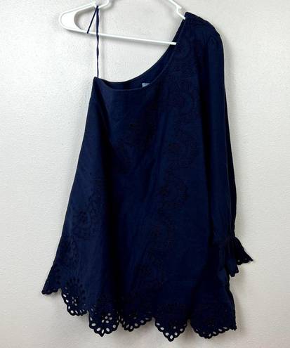 Hill House  Milla Linen Eyelet Mini One Shoulder Dress Womens Sz. Small Navy Blue