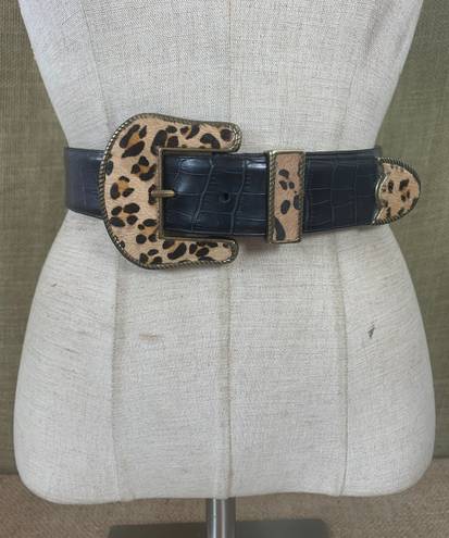 Adrienne Landau Black Leather Dress Trouser Belt W/ Leopard Print Cow Fur  34-38 In. Size M-Lrg