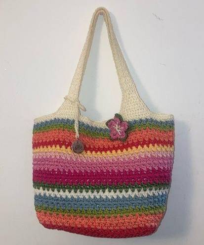 The Sak  Off White, Green, Pink, Red, & Blue Striped Crocheted Shoulder Bag Purse