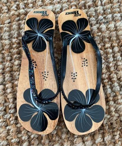 Wild Honey  Wooden Floral Hibiscus Sequined Thong Flip Flops Sandals 8