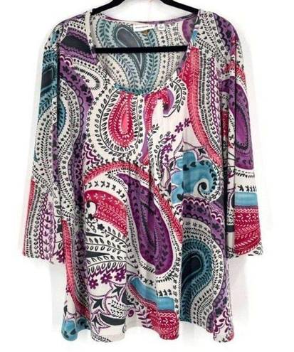 Susan Graver  Womens Paisley Bell Sleeves Pleated Front Dress Multi-Color Size XL