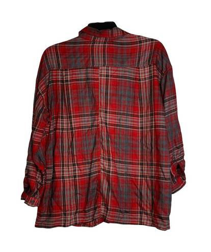 Max Studio  Womens Flannel Shirt Size XS Roll Up Sleeve Red Gray Black Plaid