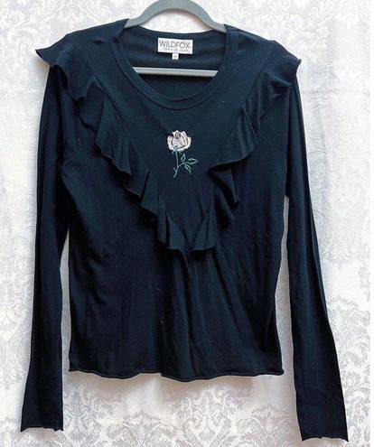 Wildfox  Tea Rose Lucienne Long Sleeve Top In Black Size M GUC Embroidered Ruffle