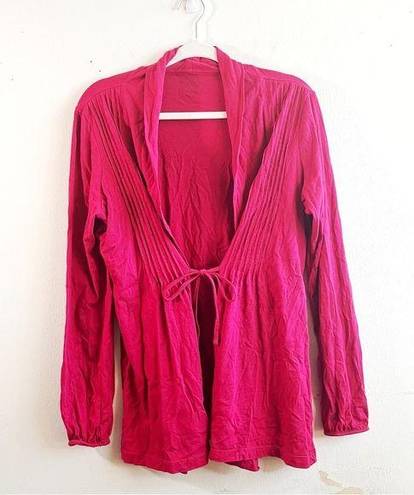 L.L.Bean  Cardigan Pink Pleated Pin Tuck Tie Front Open Long Sleeves Sz L EUC