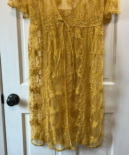 Woven Heart Mustard Lace & Embroidered Midi Length Shawl Duster - One Size