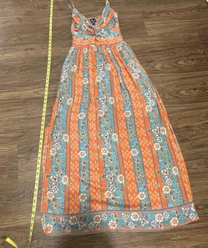 Angie NWT  Boho Knot Front Printed Maxi Dress Blue Orange Size Medium