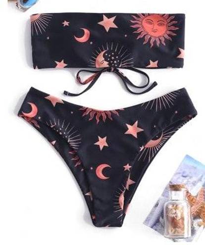 Zaful Sun Moon Star Print Bandeau Bikini Set
