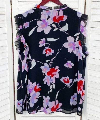 Calvin Klein  Floral Ruffle Trim Sleeveless Blouse Black Purple 1X