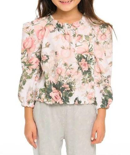 Chaser  Floral Ruffle Neck Pocket Shirred Blouse, Size M New w/Tag