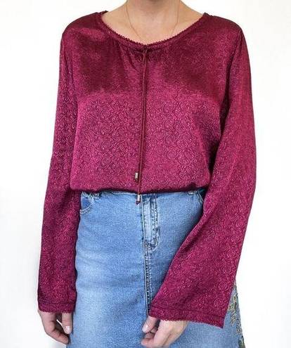 White Stag Vintage Cranberry Red Satin Peasant Blouse Jacquard Paisley Size S 