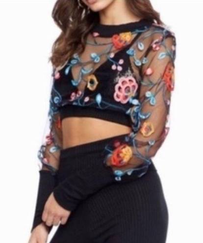 Cosmopolitan NEW  DRESS THE POPULATION MESH FLORAL LONG SLEEVE CROPPED TEE TOP