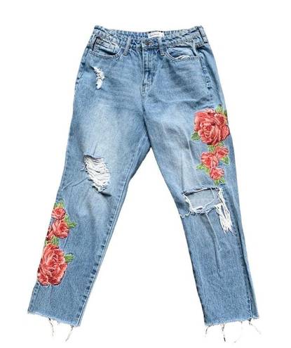 Cello  Embroidered Rose Floral Distressed High Waisted Jeans Frayed Hem Size 5