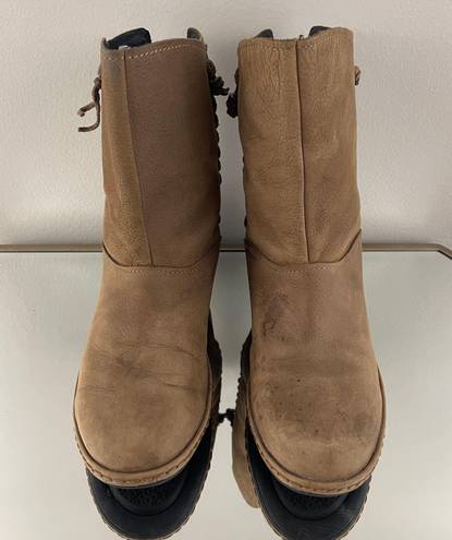 Olukai Tan Nubuck Leather Suede O Waho Whipstitch Tassel Slip On Mid Calf Boots