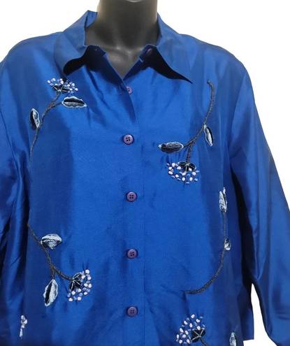 Coldwater Creek  Women's Blue Embroidered LongSleeve 100% Silk Blouse Sz PLarge