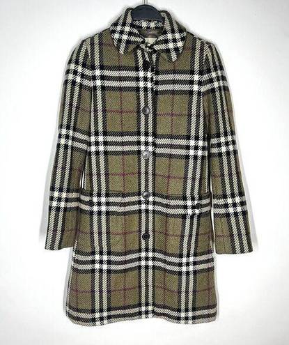 Burberry  Sz 2 Wool Nova Check Button Front Jacket Mid Length Green