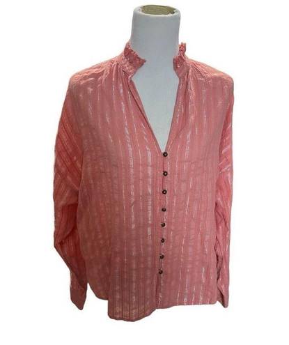 Pilcro  Anthropologie NWT Ruffled Top Blouse Pink Silver Stripe size L