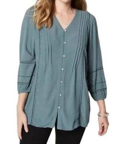 J.Jill  Tunic Top Womens XL Petite Blue Spruce Embroidered Pintuck Button Blouse