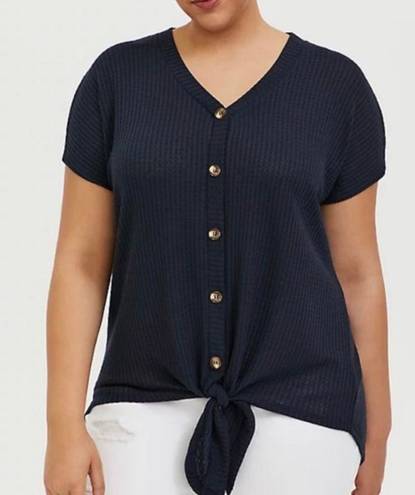 Torrid Navy Blue Waffle Knit Tie Front Short Sleeve Blouse