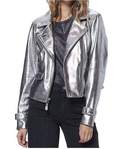 Paige  Ashby Metallic Leather Moto Jacket in Pearlized White/ Silver