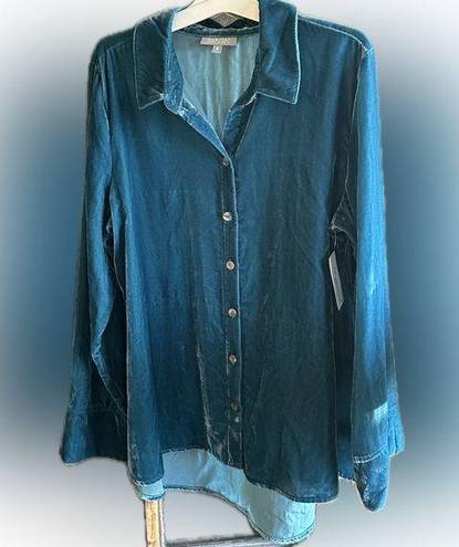 Habitat  Blue Teal Velvet Long Sleeve Hi-Lo Button-up Shirt Blouse Medium