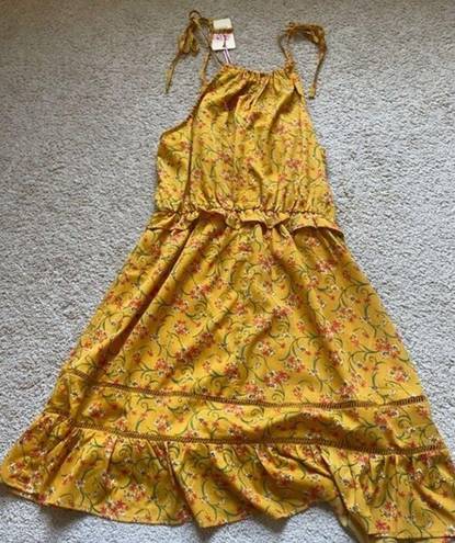 Entro  Golden Ruffled Floral Summer Dress with Tie Straps